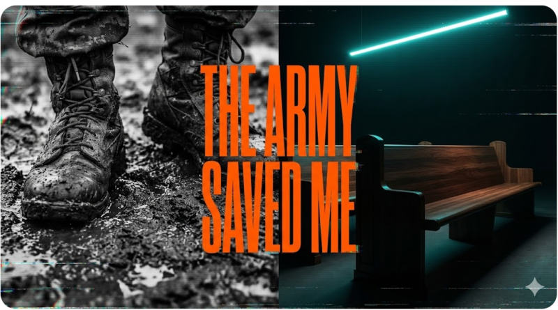 A split-screen minimaximalist composition. Left side: gritty, high-contrast black and white macro photo of worn military combat boots standing in thick mud. Right side: dark, sleek architectural photography of an empty wooden church pew lit by a single, cold neon-teal overhead light.